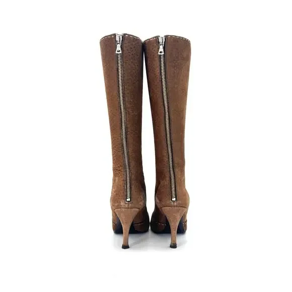 Vintage Prada Brown Suede Bow White Contrast Stitch Knee High Boots 40 - Picture 5 of 9